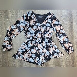ASTR The Lable Ruffle Hem Romper Women's M Black Floral Sheer Long Sleeve Lined
